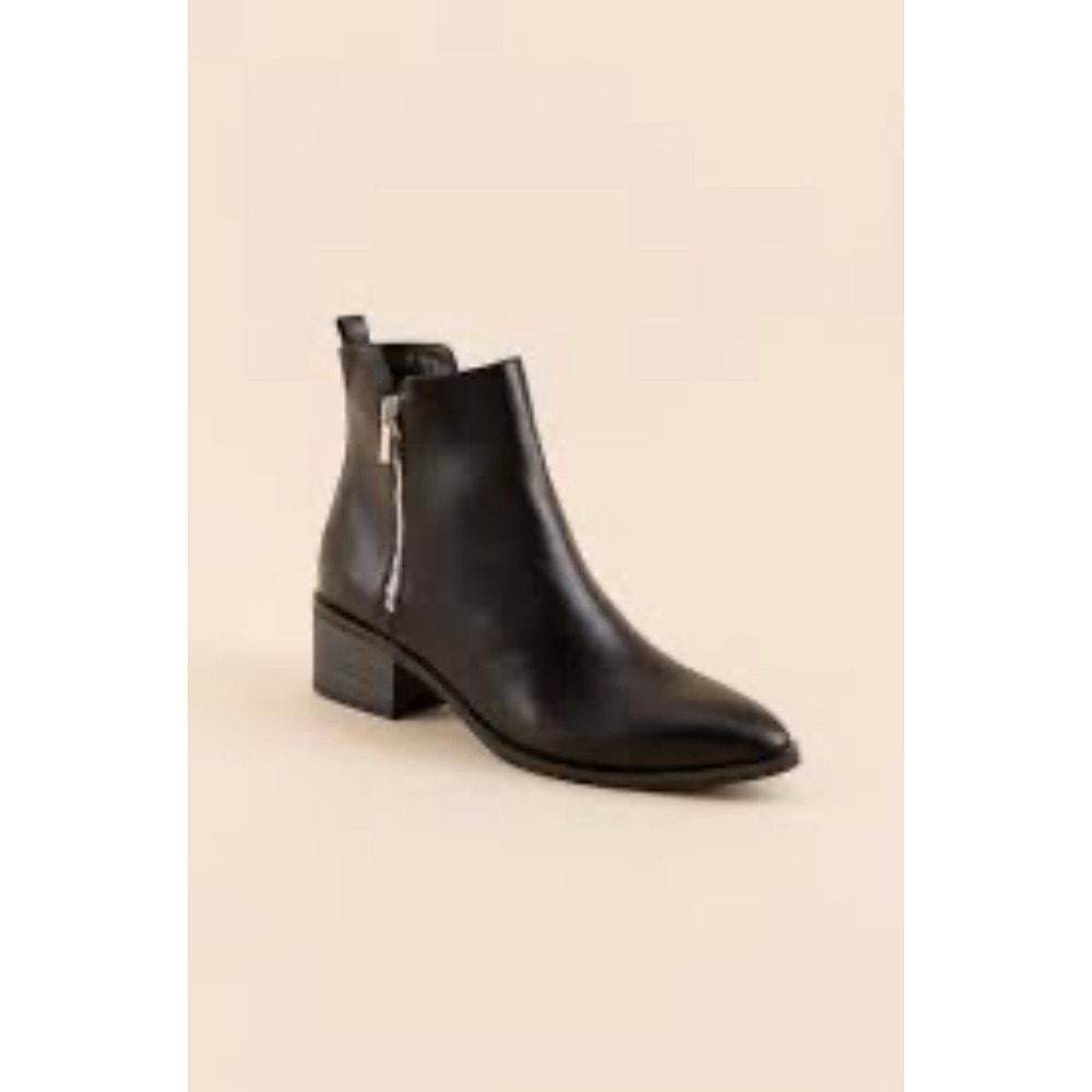 Womens Black‎ Leather Pointed Toe Ankle Boots Silver Side Zip Block Heel 39